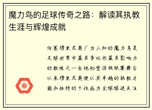 魔力鸟的足球传奇之路：解读其执教生涯与辉煌成就